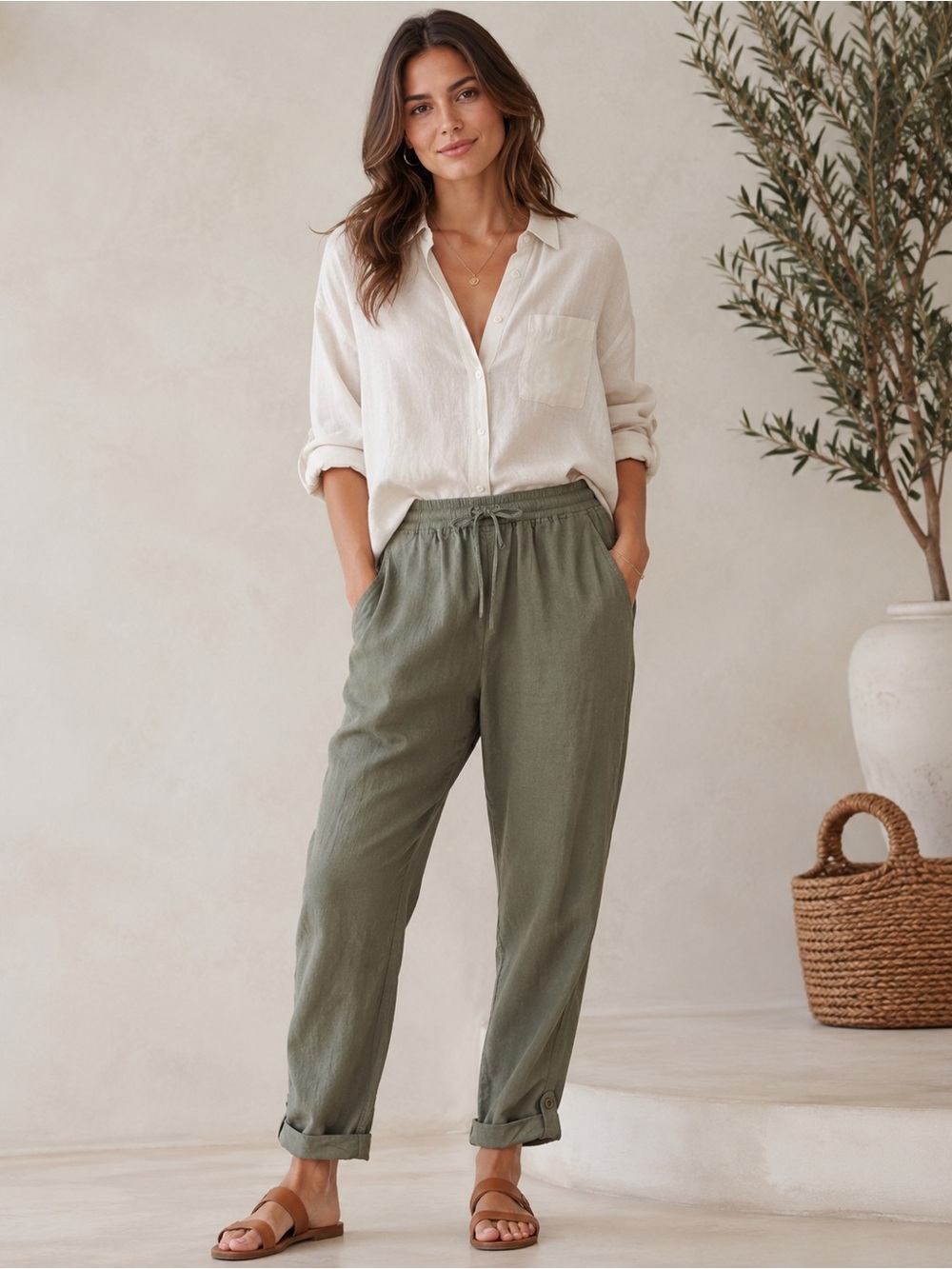 J. Jill Army Green Drawstring Relaxed Linen Pants Staple Easy Beach Vacation